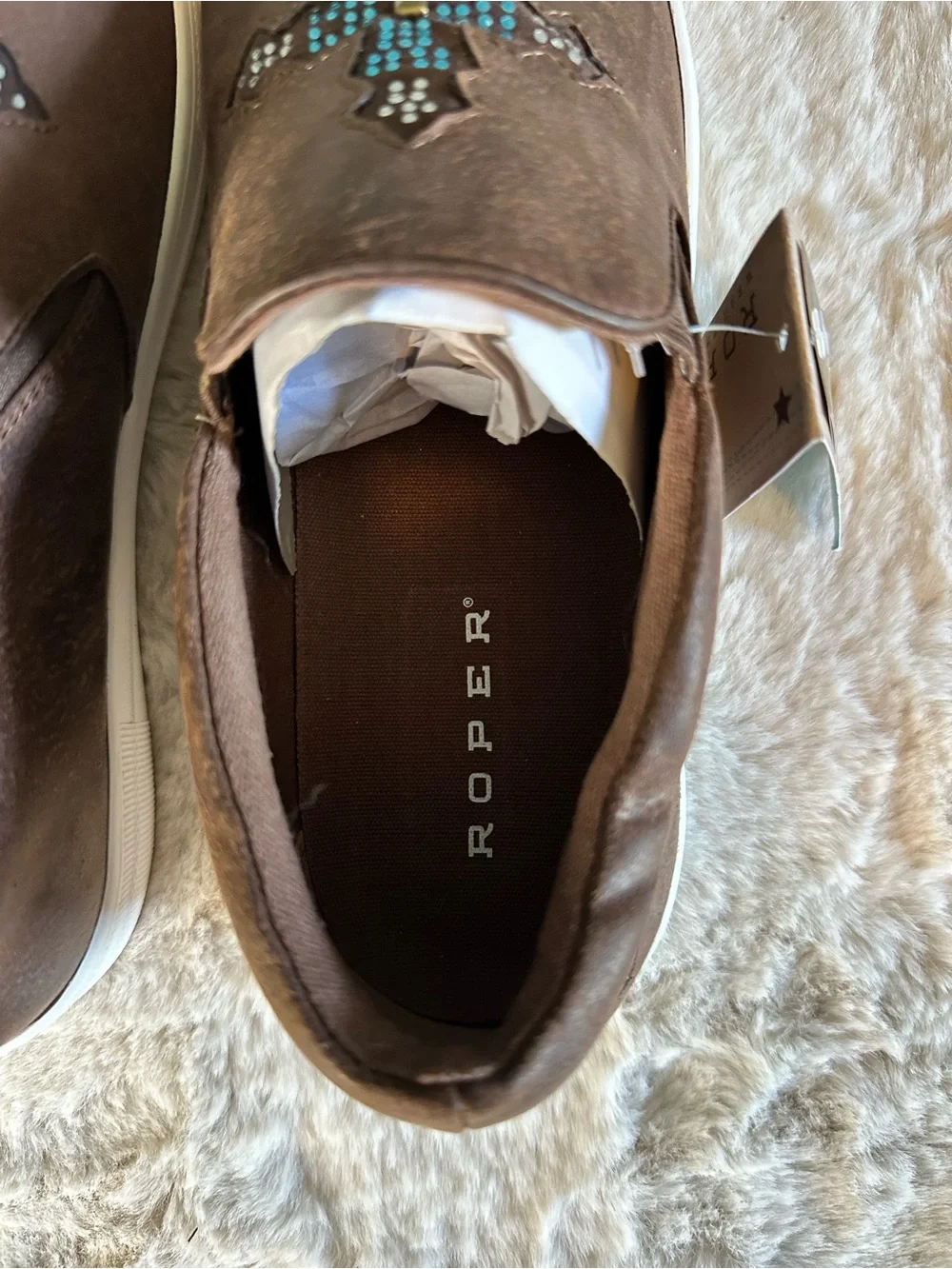 Roper Western Slip-On Sneakers Brown Turquoise Cross Studded Women’s 9